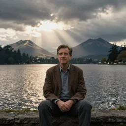 Saul Goodman sitting in front of lake Nahuel Huapi in Bariloche, photographic