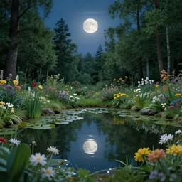 ( ( ( ( ( ( alexander jansson ) ) ) ) ) ), a pond in the forest, moonlight, flower garden summer morning, very coherent and colorful high contrast art by simon stalenhag floralpunk screen printing woodblock, dark shadows, pastel color, hard lighting