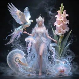 a beautiful goddess mixed with jellyfish phoenix and bird and giant orchid, flower and giant gladiola. midsommar style, intricate, elegant, surrounded by smoke and water energy flow. translucent nautilus, highly detailed. octane render, by wlop, tooth wu, greg rutkowski, alena aenami