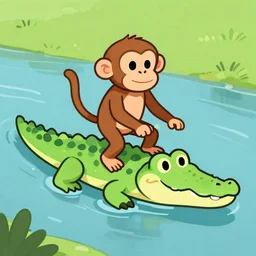 monkey riding a crocodile on a river, cartoon illustration, trending on artstation, clean lines