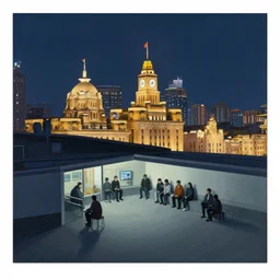 a small rooftop with company of people sitting, shanghai bund is on the background, night, by edward hopper