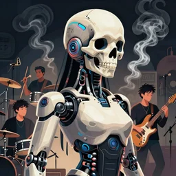 portrait of a cyberpunk robotic female artist, rock band, half skull, smoke, music, beautifully detailed, lighting, smooth, elegant, award winning, cgsociety, pixiv, by sachin teng and pascal blanche and alphonse mucha and nekro and josan gonzalez, in style of vector art.