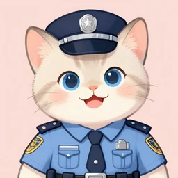 a kitten with light blue cartoon eyes looking very happy with a cheeky grin, wearing a police uniform, portrait with pastel paints