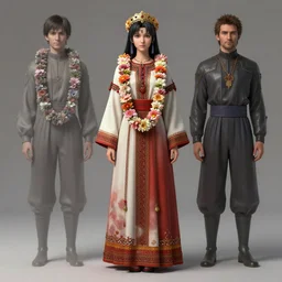 studio photo portrait of Misato Katsuragi from Neon Genesis Evangelion wearing floral garlands over her traditional dress. full height portrait of Misato as a slavic pagan priestess wearing traditional pagan dress adorned with golden tiara, concept art by Greg Rutkowski and James Dean and Ross Tran, ultrarealistic octane render, 8k, rtx on, trending on ArtStation