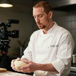 Eminem as a pizza chef with dough in his hand, shot from professional camera, ultra realistic, rim light, beatiful vivid lights