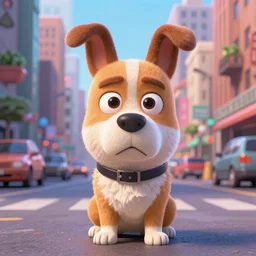 digital painting of a stupid dog in the city, genndy tartakovsky, in the style of pixar, 3 d render