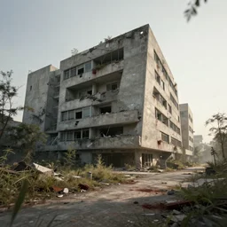post apocalyptic hospital building, morning, building, avenue, modern contemporary urban americana concrete architecture, by ricardo bofill, apocalyptic color palette, trending on artstation, photorealistic, wilderness ambiance, ultra detailed, high definition, depth of field, bokeh, rubble, wild vegetation, blood stains, building crumbling