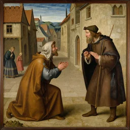 a medival painting of a begger begging with a rich man on the streets of a medival town.