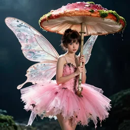 A wingless fairy princess with a tattered pink tutu, mushroom umbrella, moss, dewdrops, watercolor, dramatic lighting, cinematic, establishing shot, extremely high detail, foto realistic, cinematic lighting, pen and ink, intricate line drawings, by Yoshitaka Amano, Ruan Jia, Kentaro Miura, Artgerm, post processed, concept art, artstation, matte painting, style by eddie mendoza, raphael lacoste, alex ross,