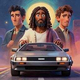 stylish 3 d vfx - drew struzan movie poster - art of an african jesus in a delorean, art style by james jean & hsiao - ron cheng, unreal engine render, digital illustration, sharp, intricate detail, volumetric lighting, ray tracing, soft light, colourful, claymation style, ernie barnes style, symmetry, acrylic on canvas, pinterest, artstation, beh