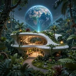 a beautiful hyperdetailed render of sunroom building urbex by eero saarinen, fantasy otherworldly universe junglepunk fisheye laser extraterrestial nightsky earth, archdaily, wallpaper, highly detailed, trending on artstation.