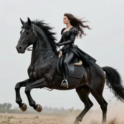 lady godiva riding a black unicorn, wind blowing her hair, photorealistic, action shot, HD