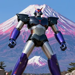 movie still frame, giant armored shin great mazinger z in full epic pose, a psychedelic mount fuji in the background, intricate details, beautiful composition, 8 k, cgi, by ridley scott, james cameron, zack snyder and michael bay