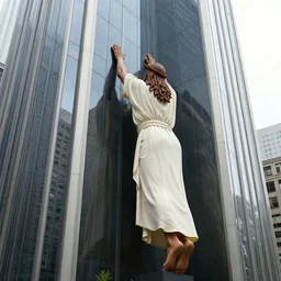 big, full body jesus is knocking on the skyscraper of the united nations, realistic