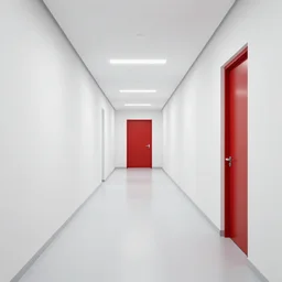 a long featureless white office hallways with one red door at the end, liminal space,