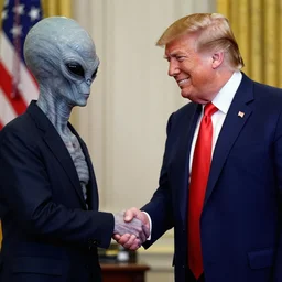 8 k press photograph of donald trump smiling shaking hands with a gray alien