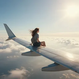 realistic fantasy scene of a girl sitting on the wing of a flying airplane, side view, wide shot, very windy, sunny morning light, 4 k, detailed photo, hyperrealism, hdr, volumetric lighting, cinematic composition