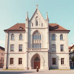 gothic architecture in switzerland ,still by Wes Anderson, pastel colors, isle of dogs, symmetrical, symmetry, megascan concrete texture building, cinematic composition, beautiful high detail enhanced 8k render