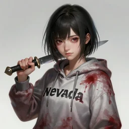 a highly detailed illustration of short hair cute japanese girl wearing blood stained hoodie with the word nevada on it, dramatic sadistic holding knife smile pose, intricate, elegant, highly detailed, centered, digital painting, artstation, concept art, smooth, sharp focus, league of legends concept art, WLOP