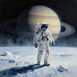 an epic painting of a futuristic solitary astronaut walking along the icy surface of Titan, Saturn is visible through the haze, unreal 5, DAZ, detailed, soft focus, brilliant, 4k, 8k, HD, trending on artstation, art by Rick Guidice painting by Robert McCall by John Harris, abstract