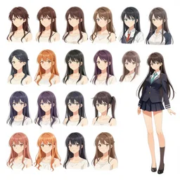concept art sheet of different female anime!!!!!!!!!!!!!!! hairstyles, artstation, official art, full body, concept art