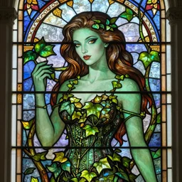 a stunningly detailed stained glass window of a beautiful alison hannigan as poison ivy with green skin, dark eyeliner, intricate, elegant, highly detailed, digital painting, artstation, concept art, sharp focus, illustration, art by greg rutkowski and alphonse mucha