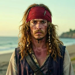 outdoors photo portrait of an albino african pirate with a red headband and a vest, young adult, very thin blonde mustache, afro blonde hair, stern face, rugged and dirty, cinematic lighting at sundawn in a shore, movie color grading