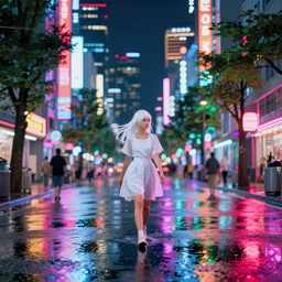 white haired girl walking in a vibrant flooded tokyo at night, neon lights lots of trees,, volumetric lighting, ambient lighting, cinematic, subtle, vibrant colors, photo, by studio ghibli