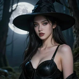 close - up portrait of a beautiful girl as witch in front of the full big moon in a fantasy forest, black leather bra, by james gurney, max liebermann, greg rutkowski, highly detailed digital art, artstation