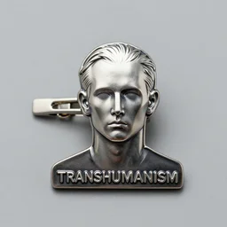 transhumanism, metal badge with a hair clip