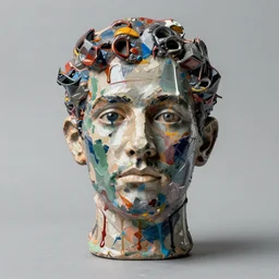 studio photograph of a mixed media surrealist of a human head by ernest pignon - ernest, antoni tapies and cy twombly, 8 0 mm, paint dripping, brush strokes