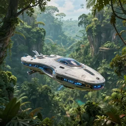 an alien civilization with futuristic bio - spaceships living among beautiful amazon jungle, high definition photography, incredible details