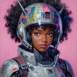 anime manga afro - cyberpunk 👩🏿🦲 gundam pilot portrait with an intricate futuristic urban inspired helmet, hyperrealistic digital oil painting, by makoto shinkai, ilya kuvshinov, lois van baarle, rossdraws, basquiat, trending on artstation, cmyk, neon colors