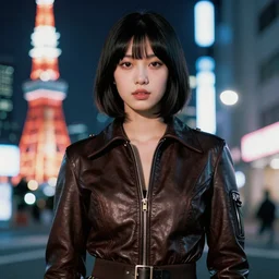 youthful asian demure, exquisite features, feminine cut, 1 9 7 0's frontiers in flight leather suit, tokyo neon lighting