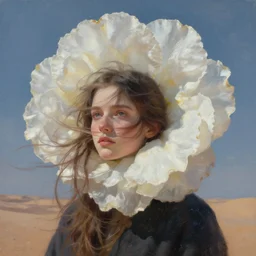 closeup, giant flower head, a girl in the desert, surreal photography, wind and cold, dramatic sky, impressionist painting, digital painting, artstation, simon stalenhag