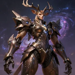 galactic hyper detailed elegant beautiful stunning giantess anthropomorphic mecha sexy hot female deer gerenuk hybrid goddess, metal ears, sharp brown eyes, sharp light brown fur, jagged dark brown armor, bigger than a galaxy, epic proportions, epic scale, epic size, warframe destiny fan art, deer gerenuk art, furry, goddess, giantess, fur affinity, octane render