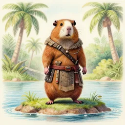 gerbil aztec - warrior on island “ color - pencil - drawing ”, full body, tropical trees in background, depth of field, cinematic
