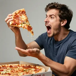 man holding pizza whilest he screams nearly dropping his pizza, realistic, hdr, clear image, hdd, dynamic lighting,