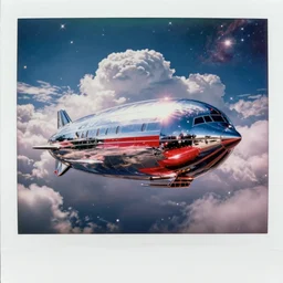 analog polaroid portrait of a chrome zeppelin, Hajime Sorayama, sheen, red reflections, unreal engine, azure sky, big clouds visible, sunlight, reflection, sparkles, space, stars, nebula, lensflare, film grain, depth of field, color bleed