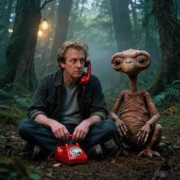 hyperrealistic film still of alf dailing a red retro telephone, sitting next to e. t, in a hollywood forest, hyper detailed, eerie atmosphere, mist, lights between trees