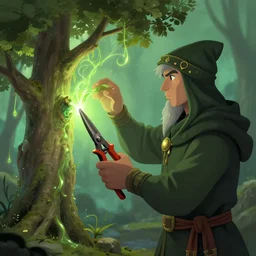 a sorcerer holding secateurs in hand, preparing to cut a magic tree with its sap to summon a powerful being to aid them in their work, digital art