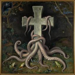 vintage beautiful painting of a tau cross being overgrown by tentacles and small frogs in Mary Cassatt style