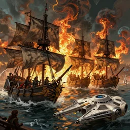 epic naval battle, pirate galleons and millennium falcon. by artstation trending, by joseph mallord william turner, luis royo, konstantin razumov, cinematic lighting, fractal flame, highly detailed