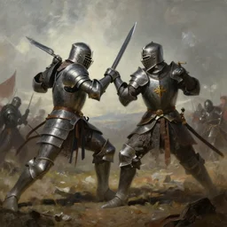 A dramatic painting of two fantasy knights duelling on a battlefield, concept art, cinematic, hyper detailed, matte painting, Bayard Wu, Greg Rutkowski, Cedric Peyravernay, Anato Finnstark, artstation, 8k