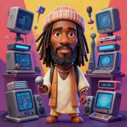 stylish caricature 3 d vfx drew struzan movie poster art of an african jesus surrounded by gaming consoles, art style by james jean & hsiao - ron cheng, unreal engine render, digital illustration, sharp, intricate detail, volumetric lighting, ray tracing, soft light, colourful, claymation style, ernie barnes style, symmetry, acrylic on canvas, pinterest, artstation,