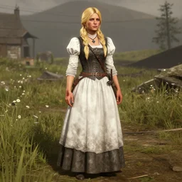 of princess isabeau katharina zinsmeister from red dead redemption 2 as a 2 1 year long blonde har with a birth mark on her right hand and left cheek fully body view