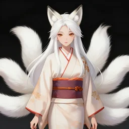 A beautiful traditional kitsune woman with long white hair and fox ears and multiple tails wearing a kimono, WLOP, digital drawing, trending on ArtStation