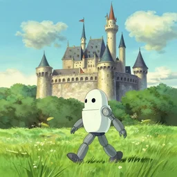 a robot castle walking across the plains, ghibli