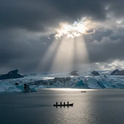 vikings sailing across a glacial lake, war, landscape photography by marc adamus, dramatic lighting, glacial lake clouds, dramatic,