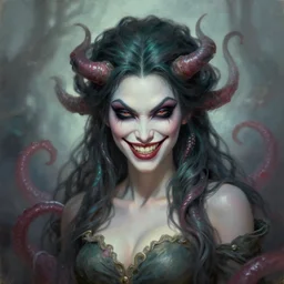 medusa portrait painting, wicked smile, artstation, detailed, blurred background